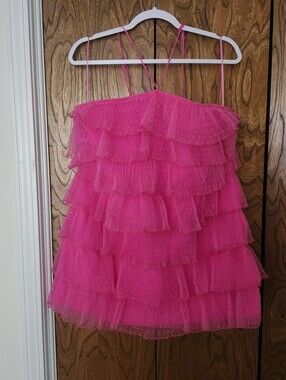 Bright Hot Pink Tiered Ruffle Spaghetti Strap Dress